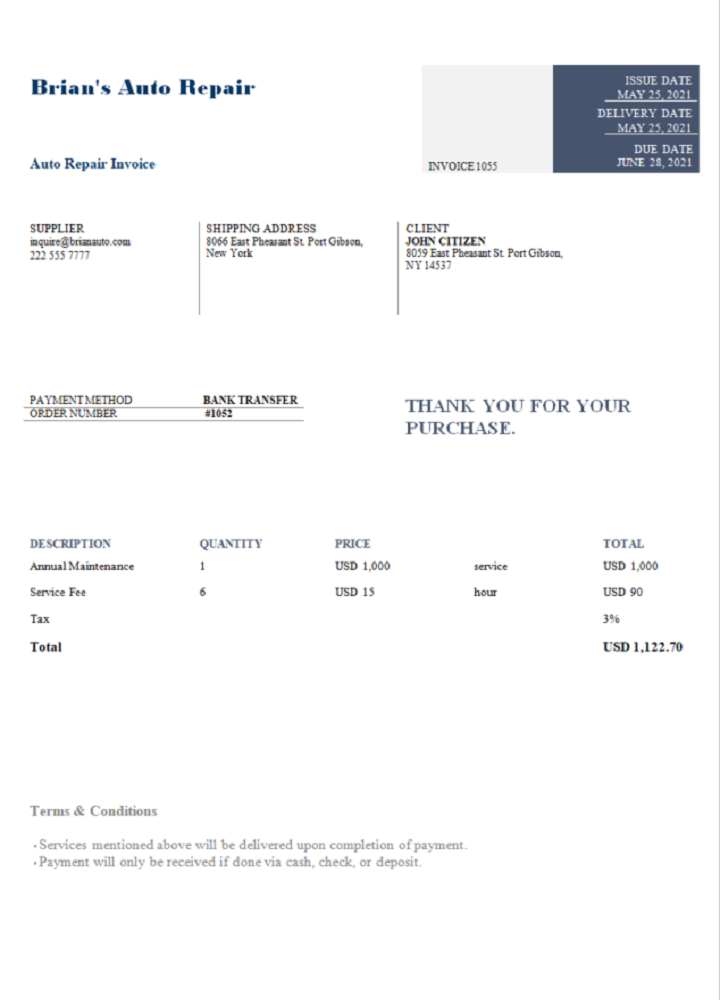 USA Brian's Auto Repair invoice PSD template